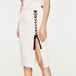 Zara White Lace Up Midi Skirt - image 1